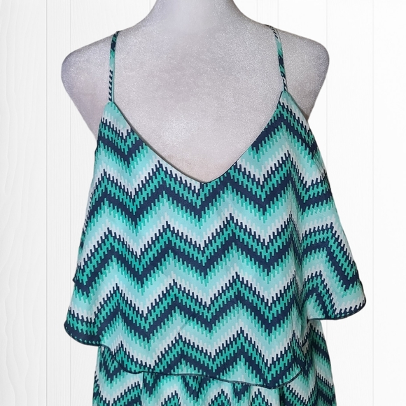 My Michelle Women's Blue Green Chevron Spaghetti Strap Mini Dress Size Large - Picture 3 of 11